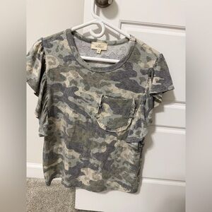 Women’s Green Camo Ruffle Sleeve Pocket Top